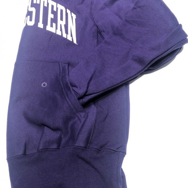 Northwestern University Wildcats Men’s Purple Champion Super Heavy Reverse Weave Hooded Sweatshirt with Creamy White Arched Northwestern Wool Sewn Appliqué Design-3
