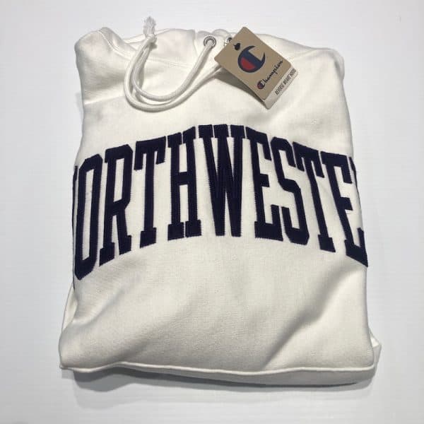 Northwestern University Wildcats Men’s White Champion Super Heavy Reverse Weave Hooded Sweatshirt with Purple Arched Northwestern Wool Sewn Appliqué Design -2
