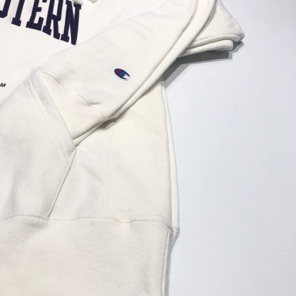 Northwestern University Wildcats Men’s White Champion Super Heavy Reverse Weave Hooded Sweatshirt with Purple Arched Northwestern Wool Sewn Appliqué Design -3