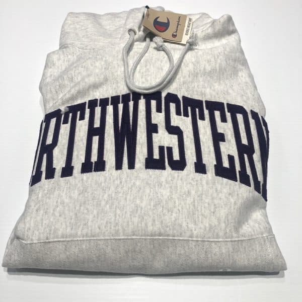 Northwestern University Wildcats Men’s Silver Grey Champion Super Heavy Reverse Weave Hooded Sweatshirt with Purple Arched Northwestern Wool Sewn Appliqué Design -2