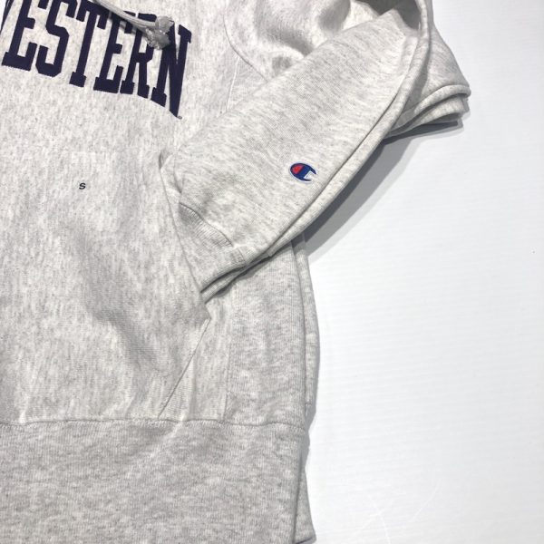 Northwestern University Wildcats Men’s Silver Grey Champion Super Heavy Reverse Weave Hooded Sweatshirt with Purple Arched Northwestern Wool Sewn Appliqué Design -3
