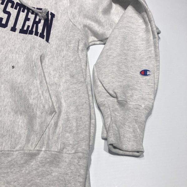 Northwestern University Wildcats Men’s Silver Grey Champion Super Heavy Reverse Weave Hooded Sweatshirt with Purple Arched Northwestern Wool Sewn Appliqué Design -4