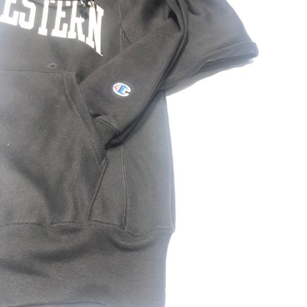 Northwestern University Wildcats Men’s Black Champion Super Heavy Reverse Weave Hooded Sweatshirt with Creamy White Arched Northwestern Wool Sewn Appliqué Design -3