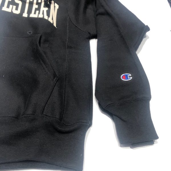 Northwestern University Wildcats Men’s Black Champion Super Heavy Reverse Weave Hooded Sweatshirt with Creamy White Arched Northwestern Wool Sewn Appliqué Design -4