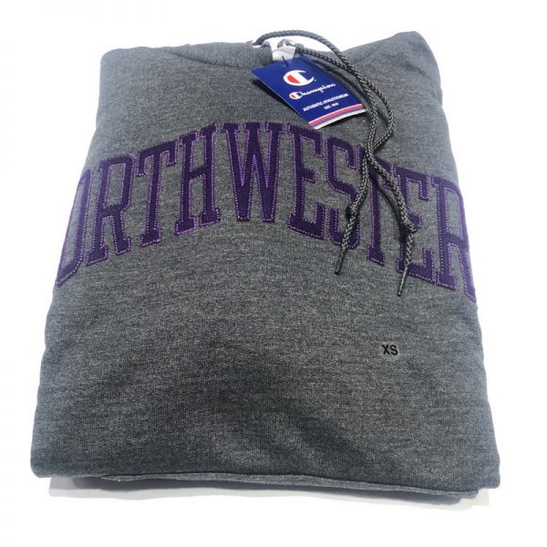 Northwestern University Wildcats Men's Granite Heather Champion Eco Powerblend Hooded Sweatshirt with Purple Arched Northwestern Wool Sewn Appliqué Design -2