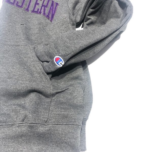 Northwestern University Wildcats Men's Granite Heather Champion Eco Powerblend Hooded Sweatshirt with Purple Arched Northwestern Wool Sewn Appliqué Design -4
