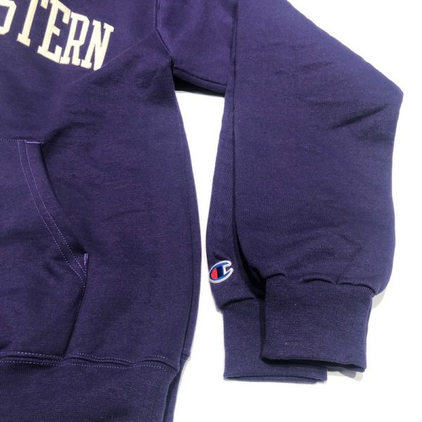 Northwestern University Wildcats Men's Purple Champion Eco Powerblend Hooded Sweatshirt with Creamy White Arched Northwestern Wool Sewn Appliqué Design-4