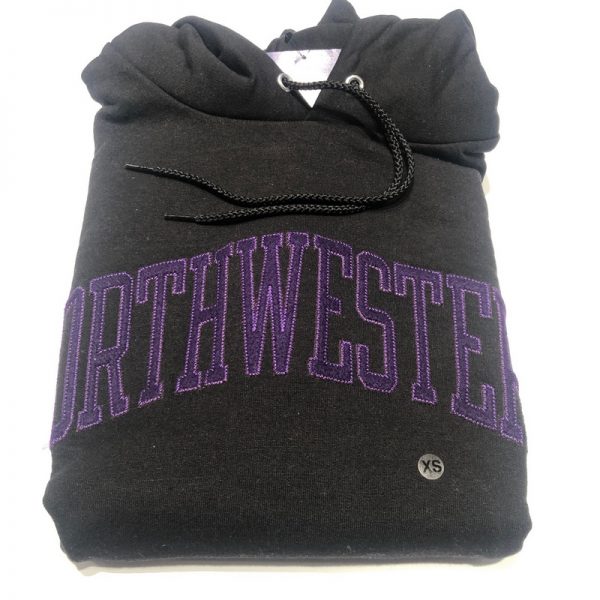 Northwestern University Wildcats Men's Black Champion Eco Powerblend Hooded Sweatshirt with Purple Arched Northwestern Wool Sewn Appliqué Design -2