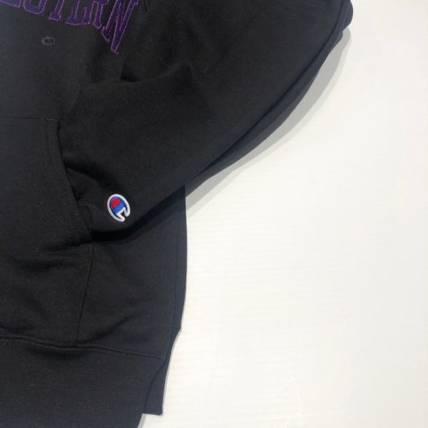 Northwestern University Wildcats Men's Black Champion Eco Powerblend Hooded Sweatshirt with Purple Arched Northwestern Wool Sewn Appliqué Design -4