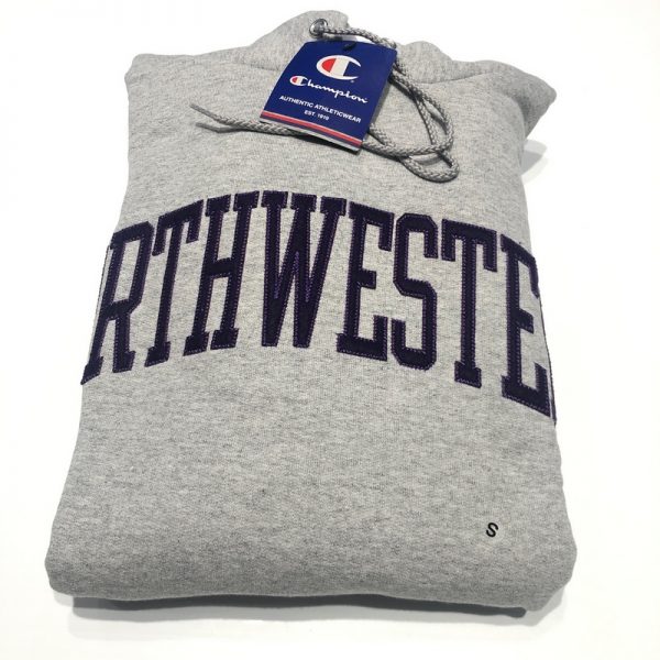 Northwestern University Wildcats Men's Heather Grey Champion Eco Powerblend Hooded Sweatshirt with Purple Arched Northwestern Wool Sewn Appliqué Design-2