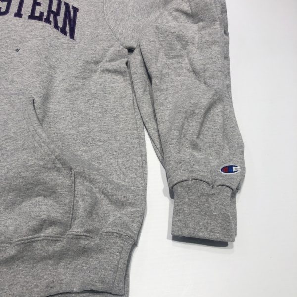 Northwestern University Wildcats Men's Heather Grey Champion Eco Powerblend Hooded Sweatshirt with Purple Arched Northwestern Wool Sewn Appliqué Design-4