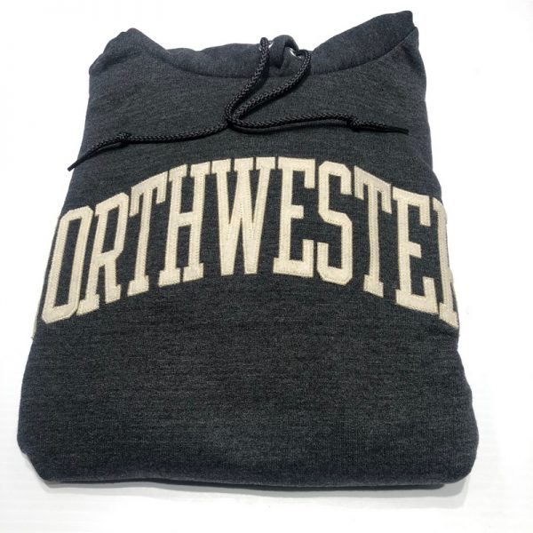 Northwestern University Wildcats Men's Granite Heather Champion Eco Powerblend Hooded Sweatshirt with Creamy White Arched Northwestern Wool Sewn Appliqué Design -2