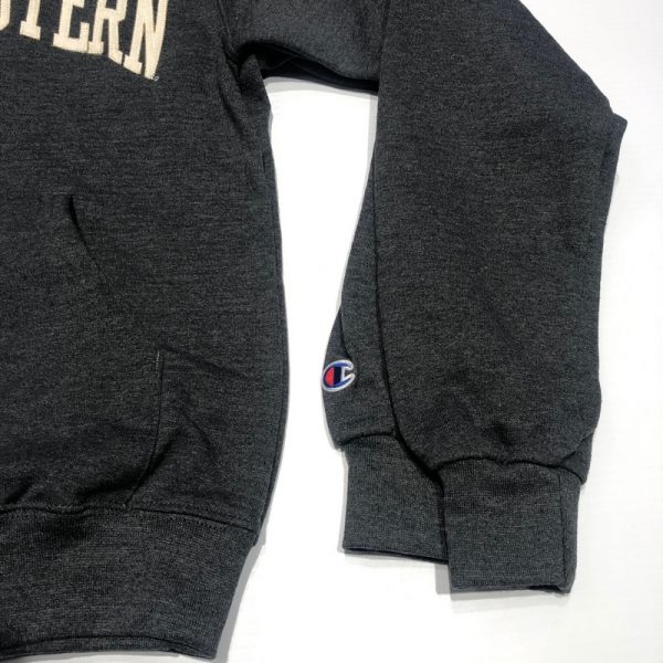 Northwestern University Wildcats Men's Black Champion Eco Powerblend Hooded Sweatshirt with Creamy White Arched Northwestern Wool Sewn Appliqué Design -4