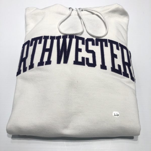 Northwestern University Wildcats Men's White Champion Eco Powerblend Hooded Sweatshirt with Purple Arched Northwestern Wool Sewn Appliqué Design -2