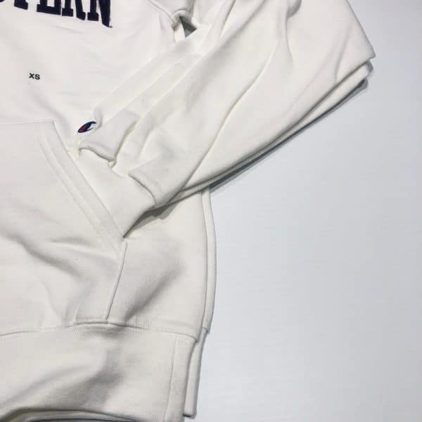 Northwestern University Wildcats Men's White Champion Eco Powerblend Hooded Sweatshirt with Purple Arched Northwestern Wool Sewn Appliqué Design -3