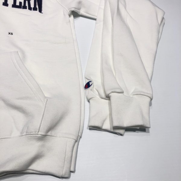 Northwestern University Wildcats Men's White Champion Eco Powerblend Hooded Sweatshirt with Purple Arched Northwestern Wool Sewn Appliqué Design -5