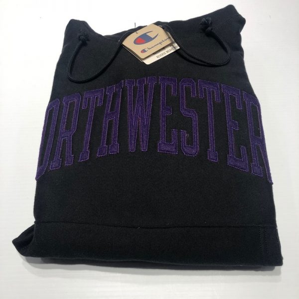 Northwestern University Wildcats Men’s Black Champion Super Heavy Reverse Weave Hooded Sweatshirt with Purple Arched Northwestern Wool Sewn Appliqué Design -2