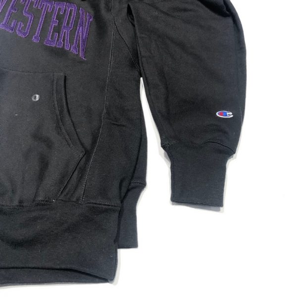 Northwestern University Wildcats Men’s Black Champion Super Heavy Reverse Weave Hooded Sweatshirt with Purple Arched Northwestern Wool Sewn Appliqué Design -3