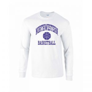Northwestern University Wildcats White Long Sleeve Tee Shirt with Basketball Design