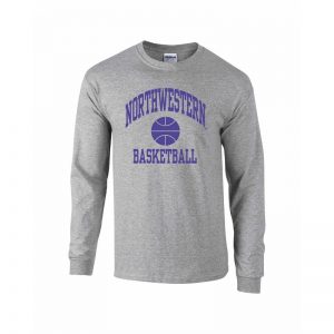 Northwestern University Wildcats Grey Long Sleeve Tee Shirt with Basketball Design