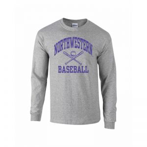 Northwestern University Wildcats Grey Long Sleeve Tee Shirt with Baseball Design