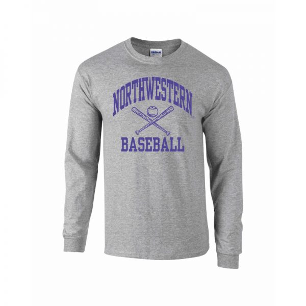 Northwestern University Wildcats Grey Long Sleeve Tee Shirt with Baseball Design