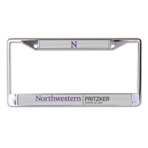 Northwestern University Wildcats Chrome License Plate Frame with Laser Cut Grey Insert & Pritzker School of Law Design