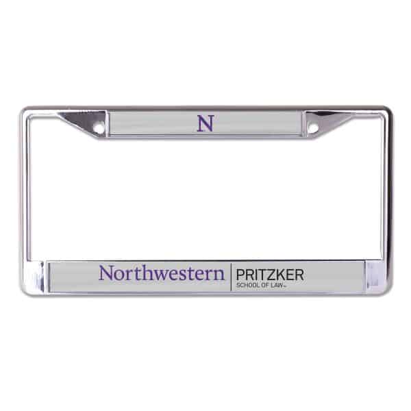 Northwestern University Wildcats Chrome License Plate Frame with Laser Cut Grey Insert & Pritzker School of Law Design