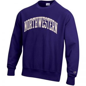 Northwestern University Wildcats Men's Purple Champion Super Heavy Reverse Weave Crewneck Sweatshirt with Creamy White Arched Northwestern Wool Sewn Appliqué Design
