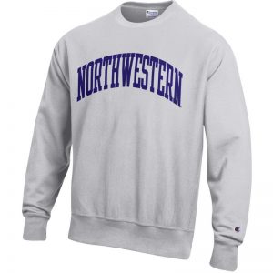 Northwestern University Wildcats Men's Silver Grey Champion Super Heavy Reverse Weave Crewneck Sweatshirt with Purple Arched Northwestern Wool Sewn Appliqué Design