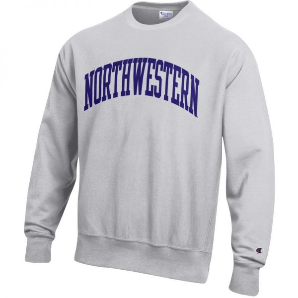 Northwestern University Wildcats Men's Silver Grey Champion Super Heavy Reverse Weave Crewneck Sweatshirt with Purple Arched Northwestern Wool Sewn Appliqué Design