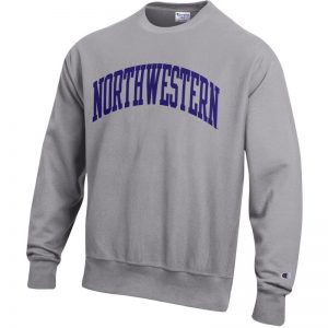 Northwestern University Wildcats Men's Oxford Heather Champion Super Heavy Reverse Weave Crewneck Sweatshirt with Purple Arched Northwestern Wool Sewn Appliqué Design