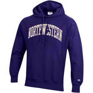 Northwestern University Wildcats Men’s Purple Champion Super Heavy Reverse Weave Hooded Sweatshirt with Creamy White Arched Northwestern Wool Sewn Appliqué Design