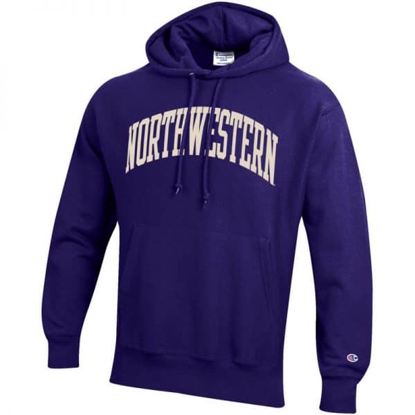 Northwestern University Wildcats Men’s Purple Champion Super Heavy Reverse Weave Hooded Sweatshirt with Creamy White Arched Northwestern Wool Sewn Appliqué Design