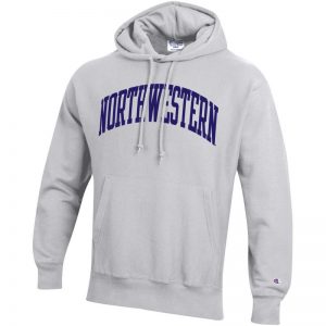Northwestern University Wildcats Men’s Silver Grey Champion Super Heavy Reverse Weave Hooded Sweatshirt with Purple Arched Northwestern Wool Sewn Appliqué Design