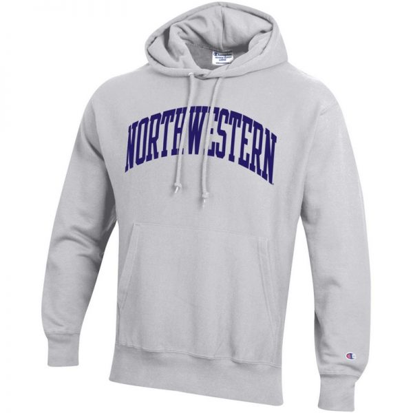 Northwestern University Wildcats Men’s Silver Grey Champion Super Heavy Reverse Weave Hooded Sweatshirt with Purple Arched Northwestern Wool Sewn Appliqué Design