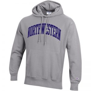 Northwestern University Wildcats Men’s Oxford Heather Champion Super Heavy Reverse Weave Hooded Sweatshirt with Purple Arched Northwestern Wool Sewn Appliqué Design