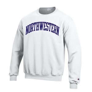 Northwestern University Wildcats Men's White Champion Eco Powerblend Crewneck Sweatshirt with Purple Arched Northwestern Wool Sewn Appliqué Design
