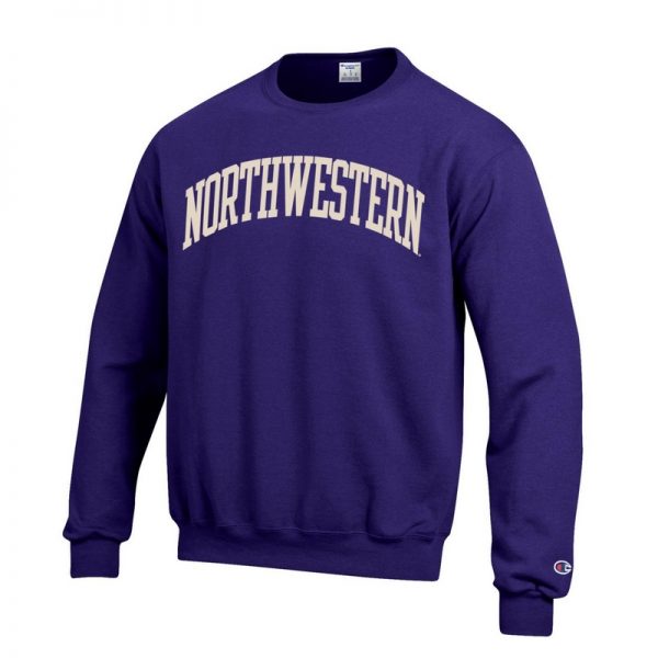 Northwestern University Wildcats Men's Purple Champion Eco Powerblend Crewneck Sweatshirt with Creamy White Arched Northwestern Wool Sewn Appliqué Design