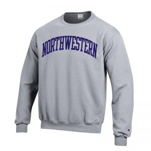 Northwestern University Wildcats Men's Heather Grey Champion Eco Powerblend Crewneck Sweatshirt with Purple Arched Northwestern Wool Sewn Appliqué Design