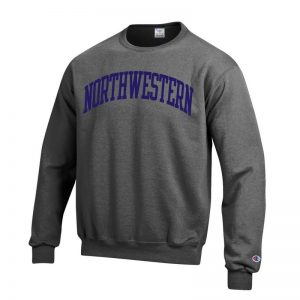 Northwestern University Wildcats Men's Granite Heather Champion Eco Powerblend Crewneck Sweatshirt with Purple Arched Northwestern Wool Sewn Appliqué Design