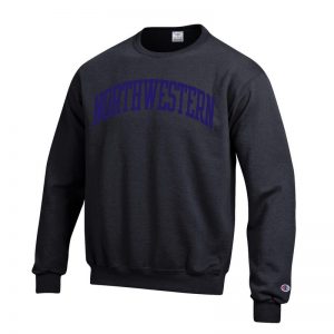 Northwestern University Wildcats Men's Black Champion Eco Powerblend Crewneck Sweatshirt with Purple Arched Northwestern Wool Sewn Appliqué Design