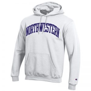 Northwestern University Wildcats Men's White Champion Eco Powerblend Hooded Sweatshirt with Purple Arched Northwestern Wool Sewn Appliqué Design