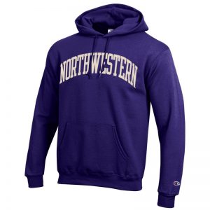Northwestern University Wildcats Men's Purple Champion Eco Powerblend Hooded Sweatshirt with Creamy White Arched Northwestern Wool Sewn Appliqué Design