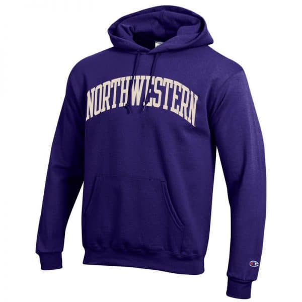 Northwestern University Wildcats Men's Purple Champion Eco Powerblend Hooded Sweatshirt with Creamy White Arched Northwestern Wool Sewn Appliqué Design