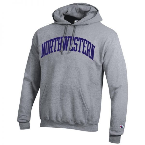 Northwestern University Wildcats Men's Heather Grey Champion Eco Powerblend Hooded Sweatshirt with Purple Arched Northwestern Wool Sewn Appliqué Design