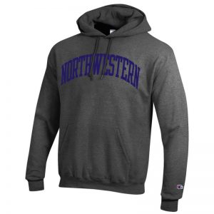 Northwestern University Wildcats Men's Granite Heather Champion Eco Powerblend Hooded Sweatshirt with Purple Arched Northwestern Wool Sewn Appliqué Design