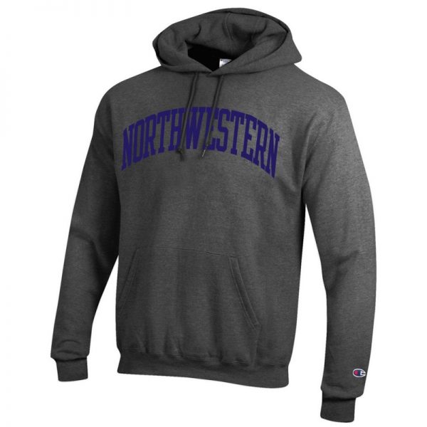 Northwestern University Wildcats Men's Granite Heather Champion Eco Powerblend Hooded Sweatshirt with Purple Arched Northwestern Wool Sewn Appliqué Design