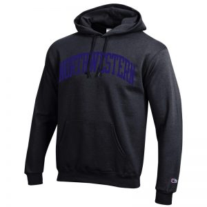 Northwestern University Wildcats Men's Black Champion Eco Powerblend Hooded Sweatshirt with Purple Arched Northwestern Wool Sewn Appliqué Design