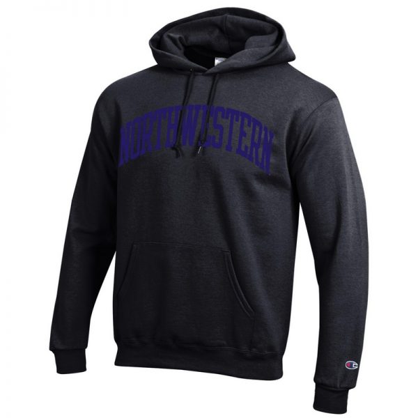 Northwestern University Wildcats Men's Black Champion Eco Powerblend Hooded Sweatshirt with Purple Arched Northwestern Wool Sewn Appliqué Design